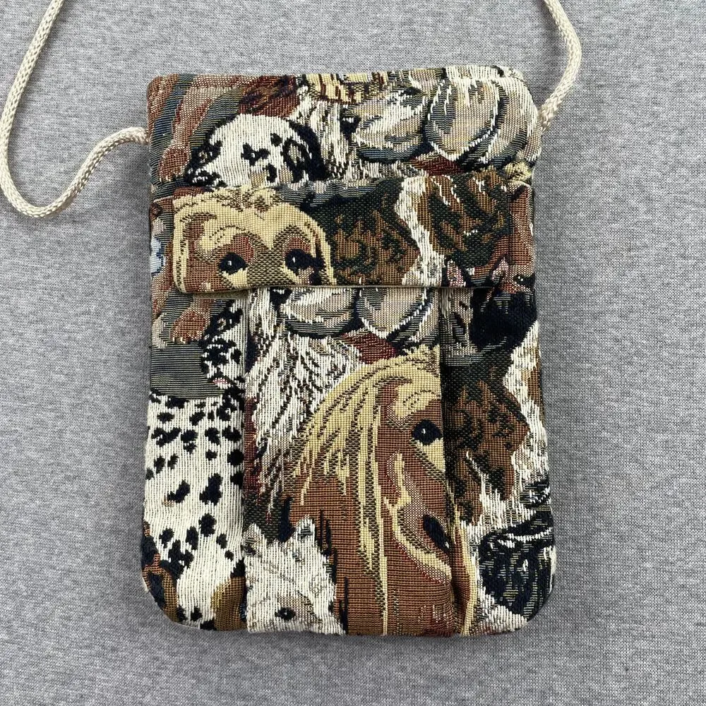Vintage Dog Print Tapestry Bag Crossbody Purse Cottagecore Retro Pockets